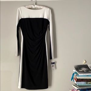 NWT Chaps body con assymetrical pleats lined S